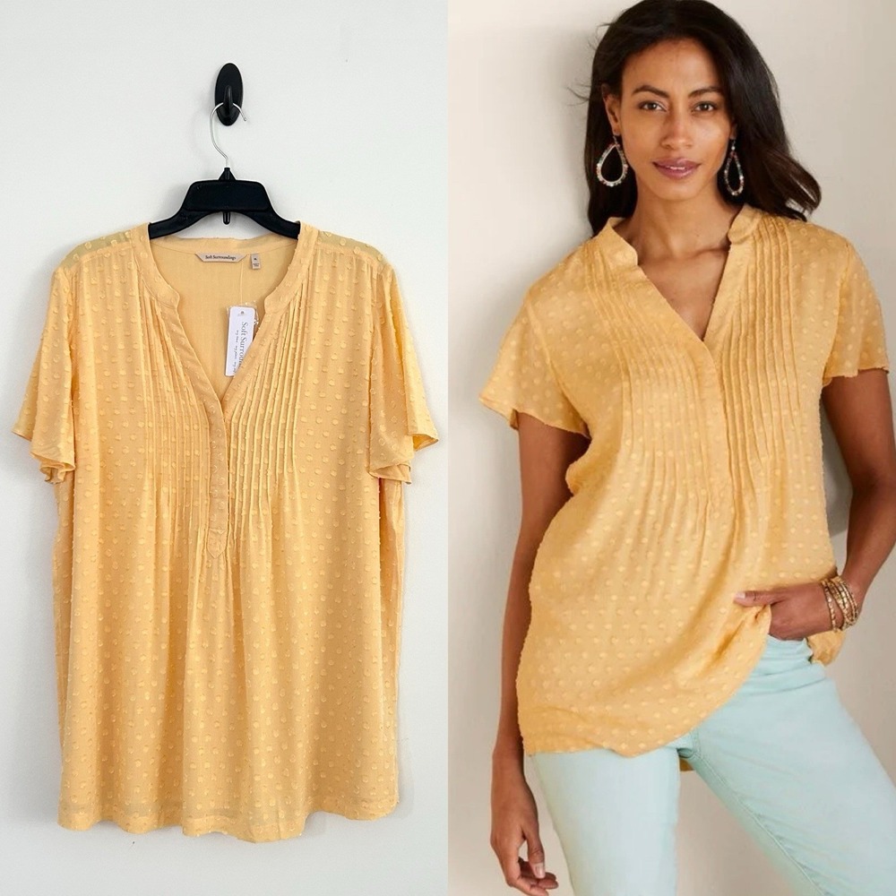 Soft Surroundings Women's XL Yellow Swiss Dot Pleated Offshore Rayon Top NWT